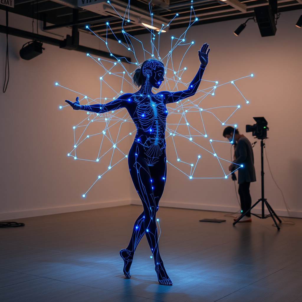 Futuristic motion capture studio with AI-powered sensors tracking dancer movements, neural network visualizations overlaying the scene with glowing blue data streams connecting body joints
