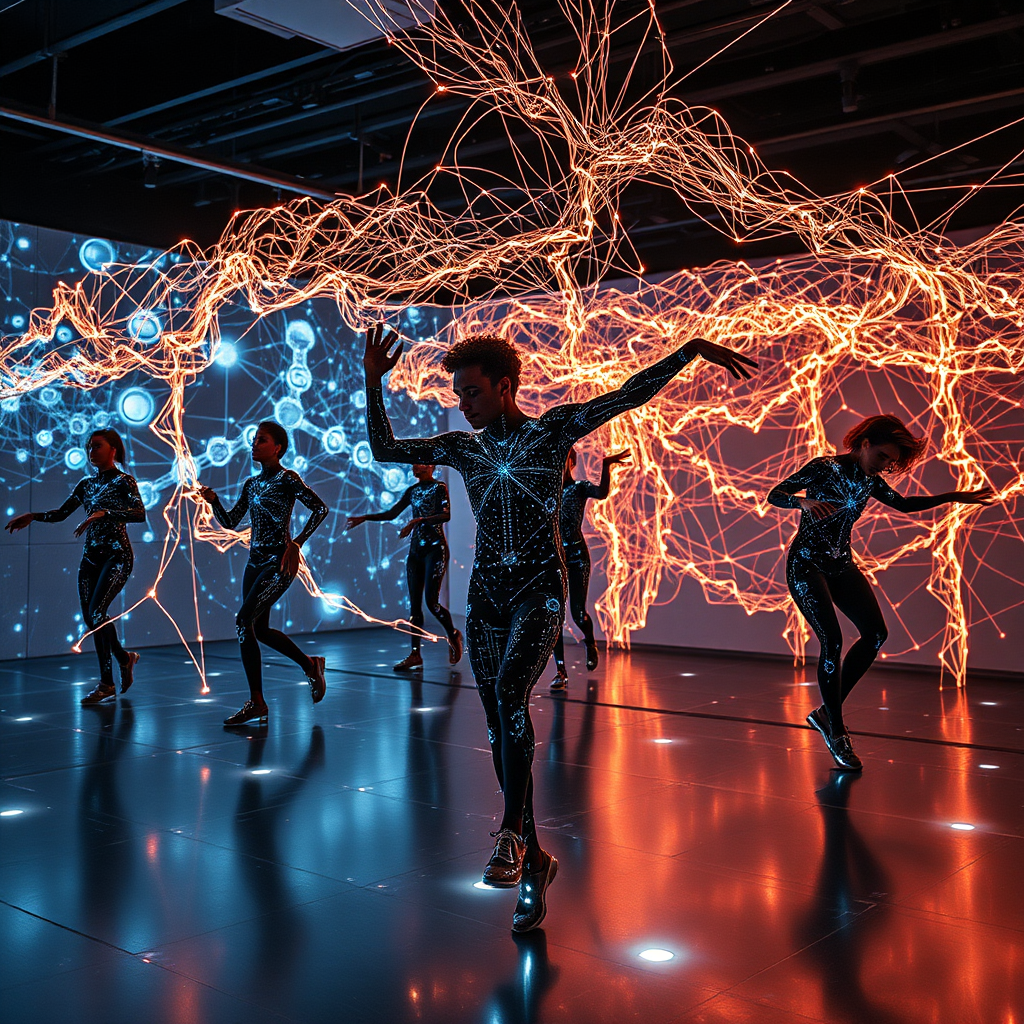 Futuristic motion capture studio with AI-powered sensors creating luminous trails of human movement, dancers surrounded by holographic neural network visualizations and glowing data streams