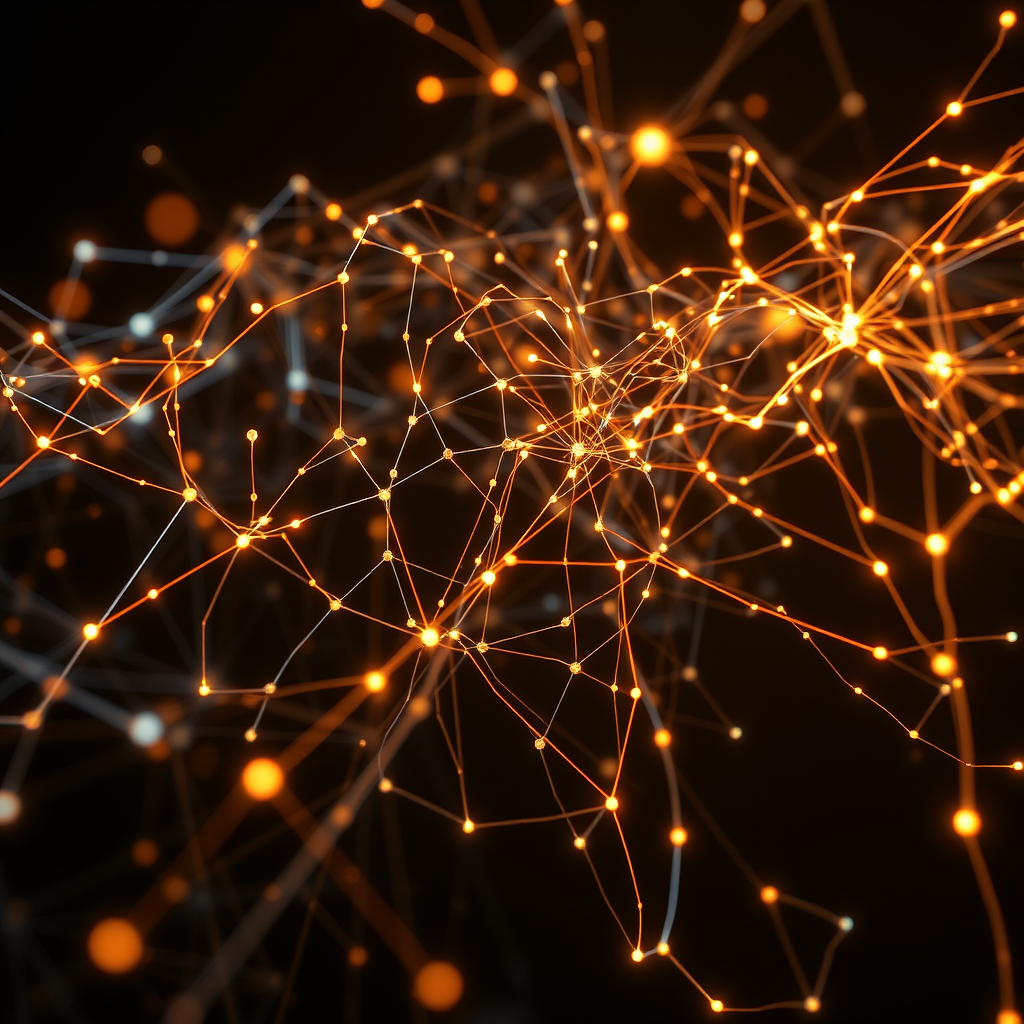 Visualization of an AI neural network processing dance movements, showing interconnected nodes with flowing data streams and luminous pathways representing the analysis of choreographic patterns