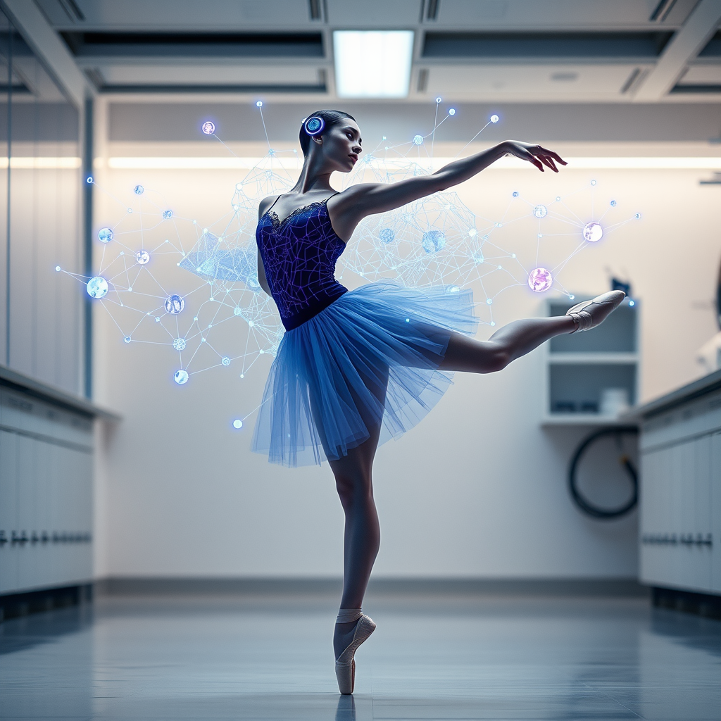 A futuristic ballet dancer wearing a sleek neural interface headset, performing an elegant arabesque in a high-tech laboratory setting with holographic brain wave visualizations floating around them, illuminated by blue and purple neural network patterns