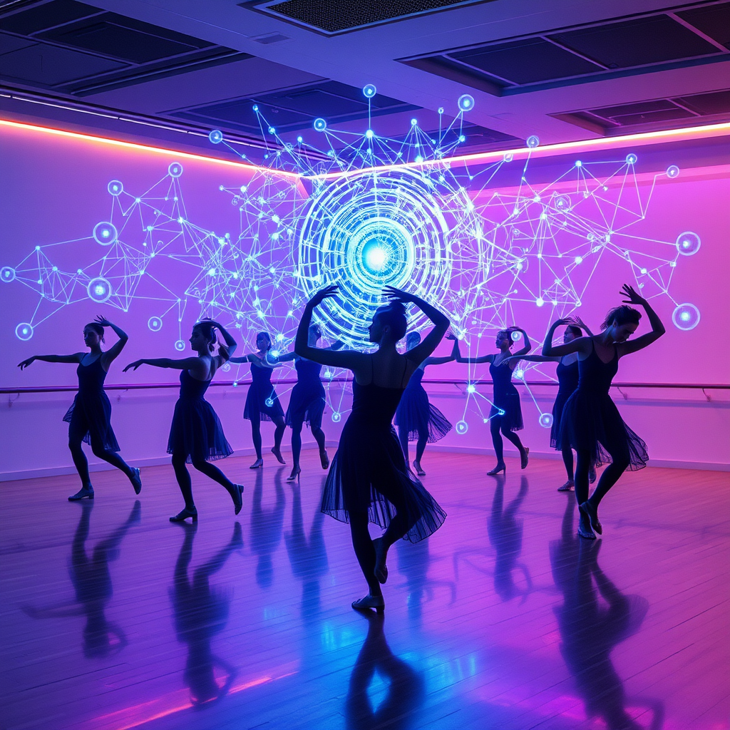 Futuristic dance studio with holographic AI interface projecting movement patterns while human dancers perform synchronized choreography, ethereal blue and purple lighting creating neural network visualizations in the air