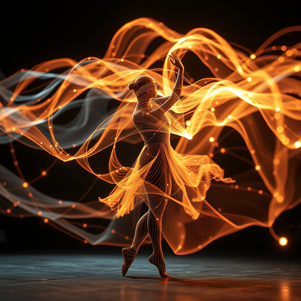 Abstract visualization of AI neural networks analyzing dance movements, with flowing light trails representing motion capture data and algorithmic interpretation of choreographic patterns