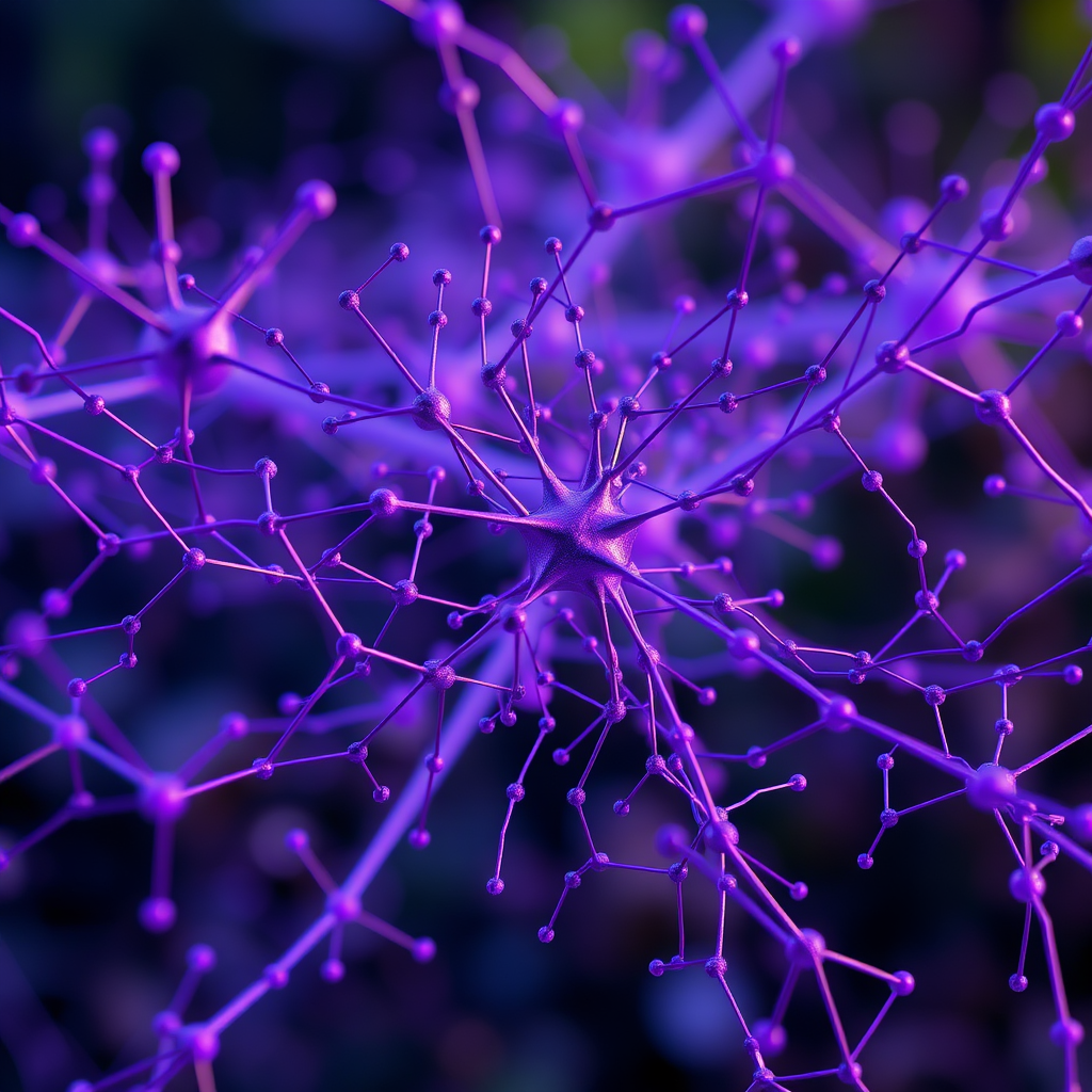 Abstract visualization of neural networks learning dance patterns, with interconnected nodes pulsing in rhythm, data flowing through synaptic connections in purple and blue hues