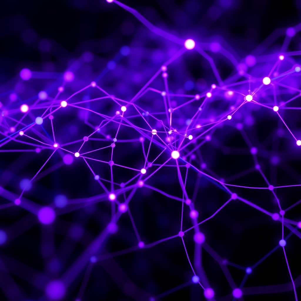 Close-up of AI neural network visualization showing interconnected nodes processing dance movement data, with flowing purple and blue light patterns representing motion analysis algorithms