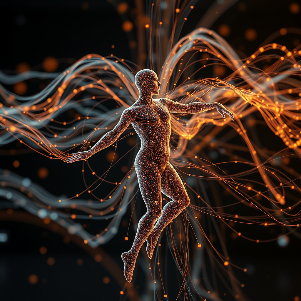 Abstract visualization showing data streams and neural processing patterns analyzing human movement, with flowing lines and nodes representing the AI's understanding of choreographic elements