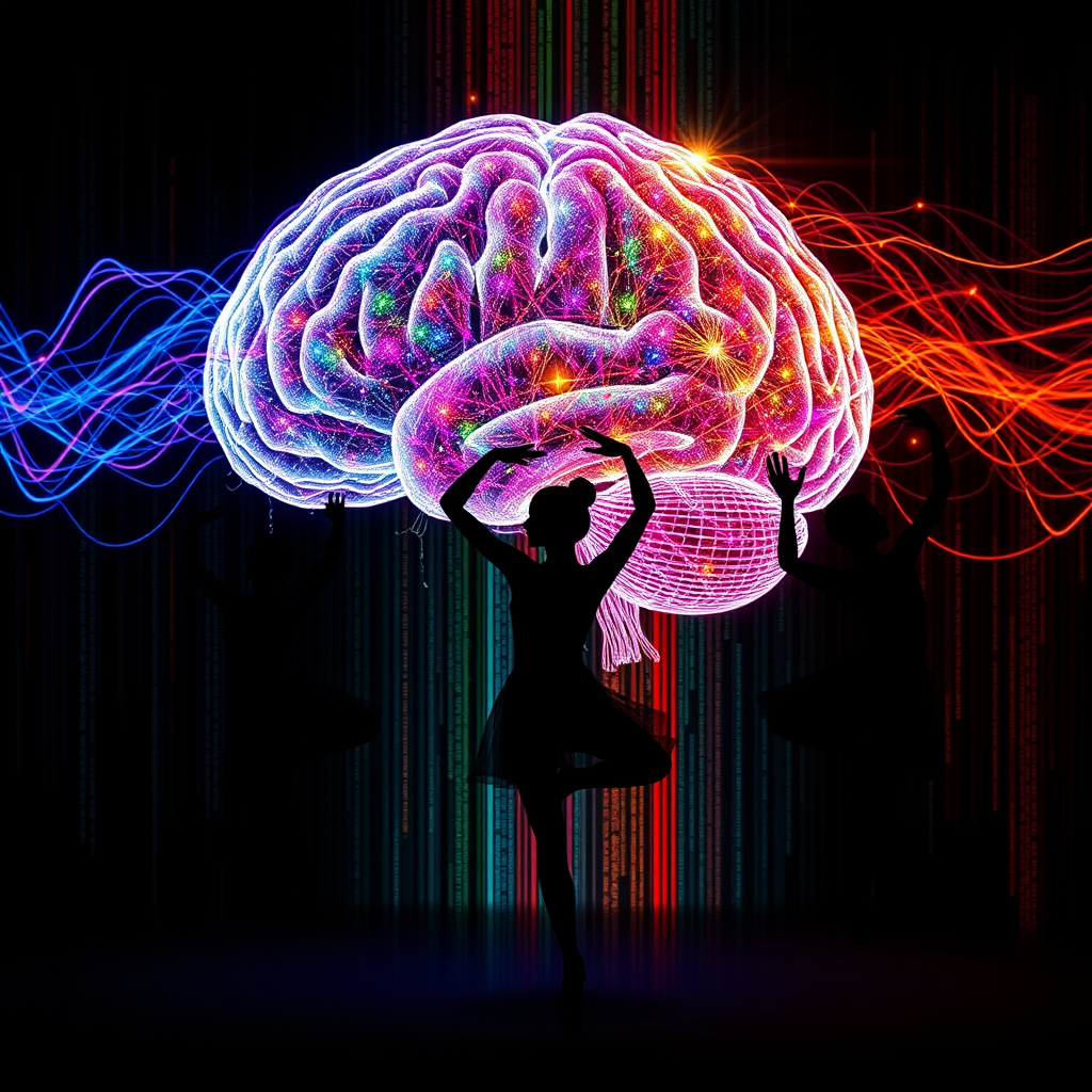 A detailed visualization of brain waves being translated into dance movements, showing colorful neural pathways connecting to silhouettes of dancers in various poses, with data streams and algorithmic patterns flowing between brain and body