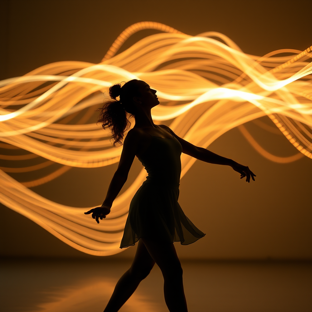 Close-up of a dancer's silhouette against a backdrop of flowing AI-generated movement trajectories visualized as luminous trails, capturing the moment where human grace meets algorithmic precision