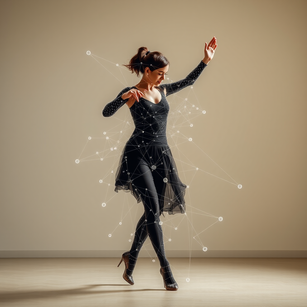 Dancer in motion with overlay of AI motion tracking points and neural network connections mapping body movements in real-time