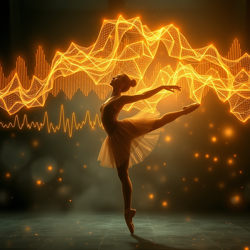Ethereal scene showing brain wave patterns transforming into graceful ballet movements, with golden neural pathways connecting a dancer's silhouette to floating EEG visualizations