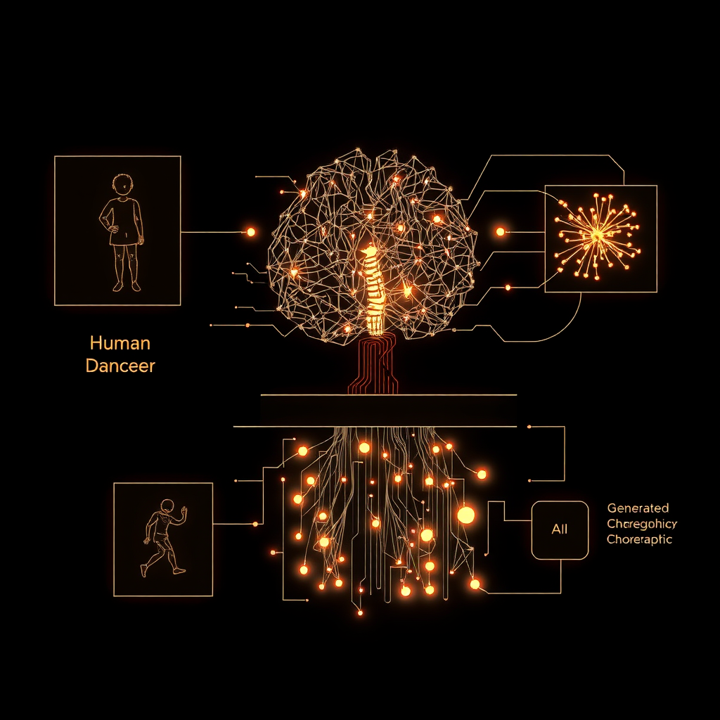 Technical diagram showing the flow from human dancer input through AI processing layers to generated choreographic output, with glowing neural pathways and data transformation nodes
