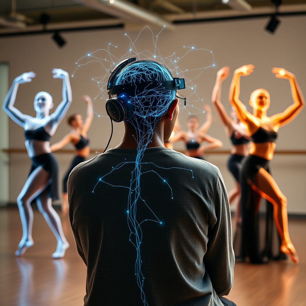 A professional choreographer wearing an advanced neural interface headset, sitting in a modern studio with holographic dancers performing around them, showing the translation of thoughts into movement with glowing neural pathways and data visualizations