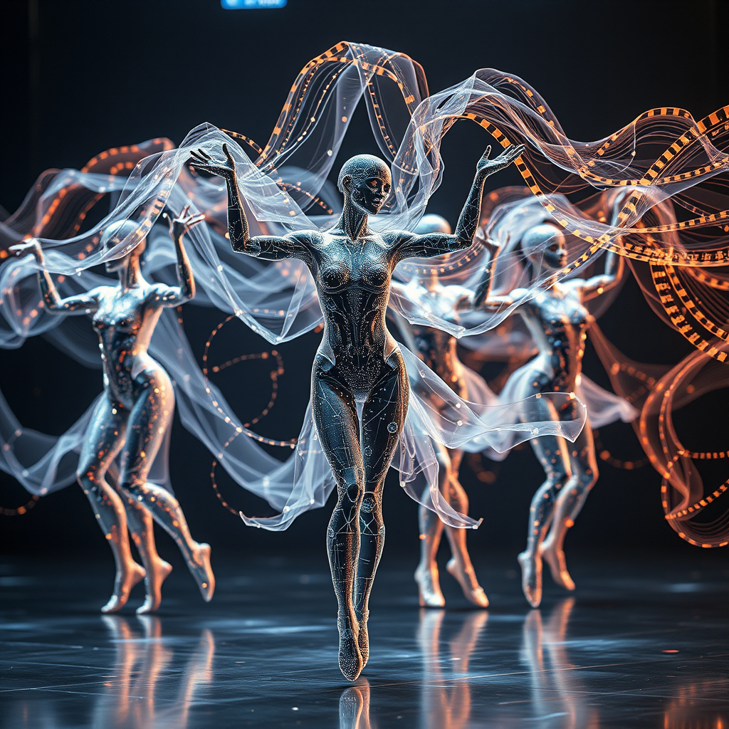 Futuristic visualization of AI-generated choreography with holographic dancers and flowing data streams representing the creation of new movement patterns