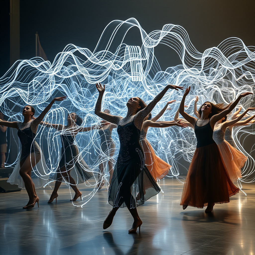 Cinematic scene of human dancers performing alongside holographic AI-generated choreography, with silver light trails showing the seamless integration of artificial and human creativity