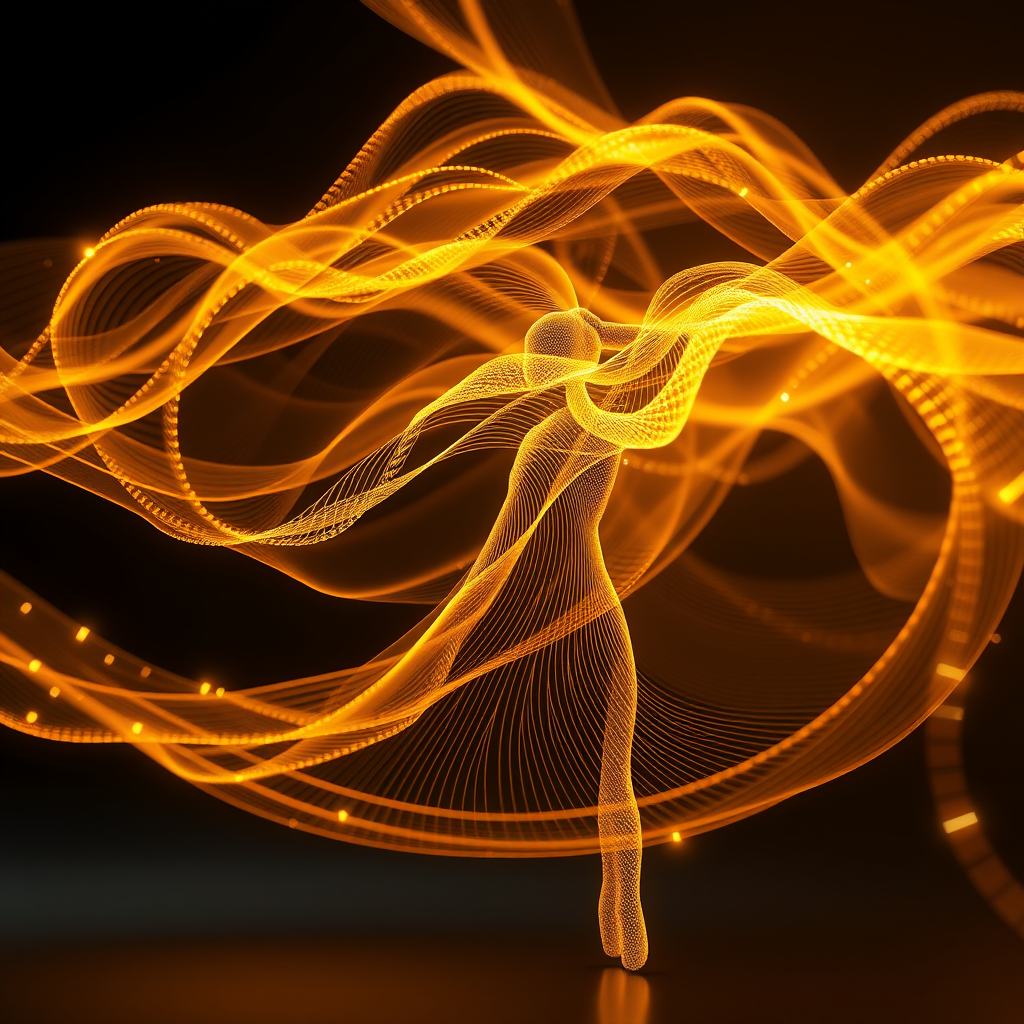 Artistic visualization of an AI-generated dance sequence showing flowing movement trails and golden light paths representing the artificial creativity and choreographic intelligence of neural networks