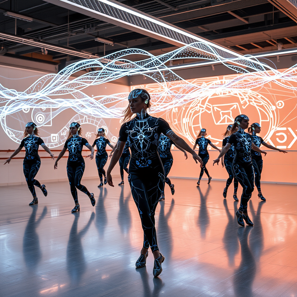 A futuristic dance studio with multiple dancers wearing neural interfaces, surrounded by holographic movement trails and AI-generated choreography patterns, showcasing the integration of human creativity and artificial intelligence in dance