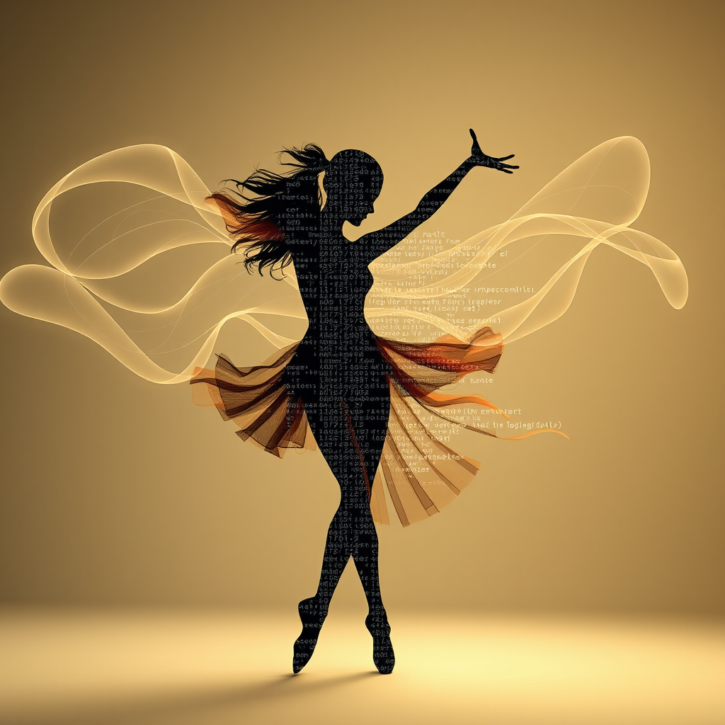 Abstract representation of dance movements being decoded into digital language, with flowing geometric patterns and code-like structures emerging from graceful human silhouettes